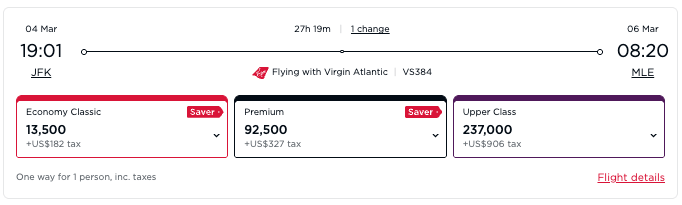 JFK-MLE Virgin Atlantic Economy award for 13.500 miles